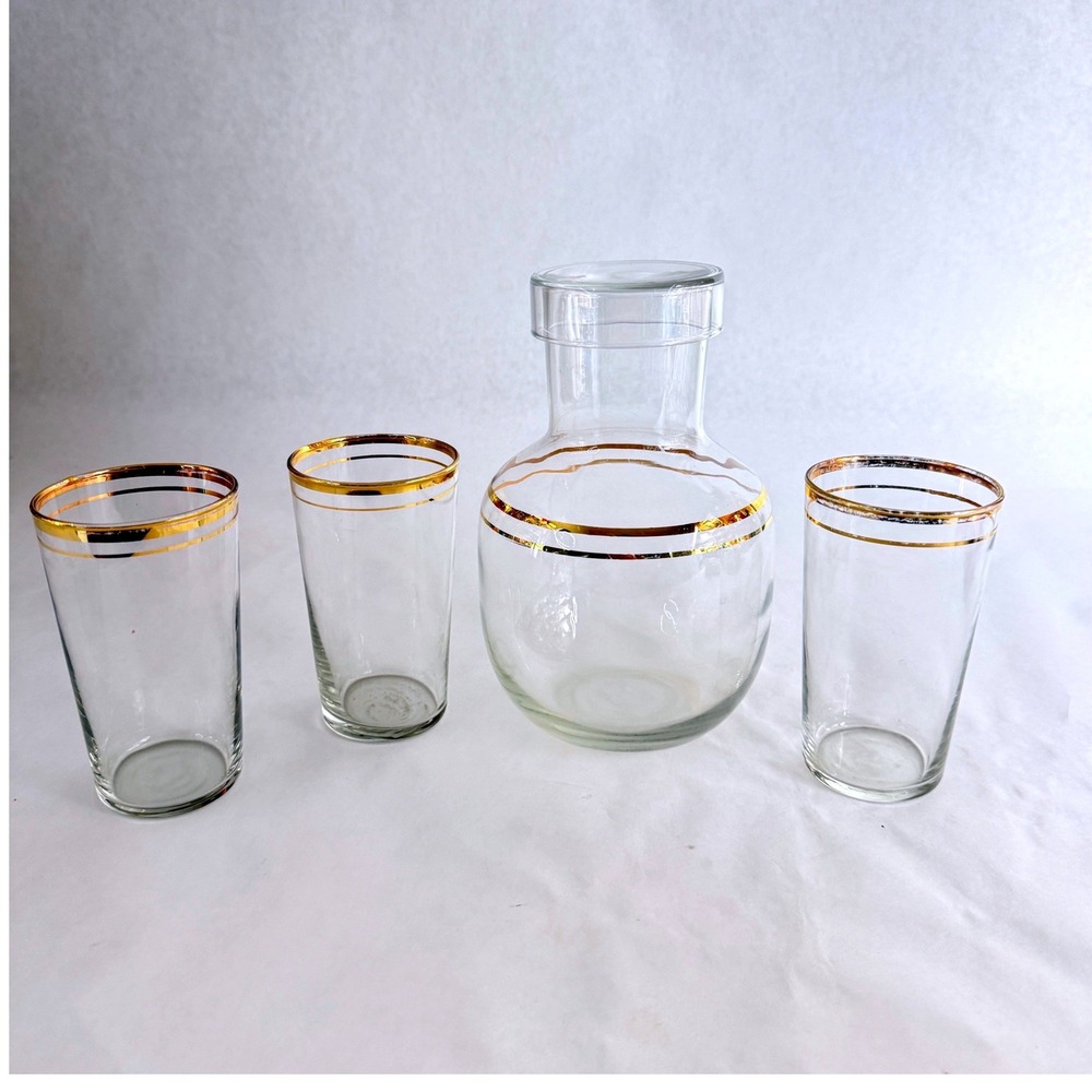 Libbey Carafe Beverage Set Clear Glass Gold Trim With Lid And 3 Tumblers Vintage
